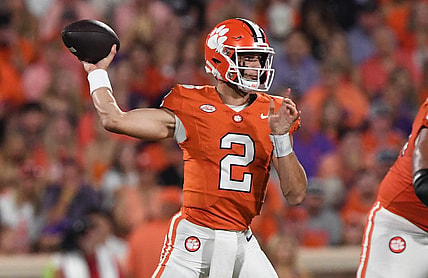 Sep 16, 2023; Clemson, South Carolina; Clemson quarterback Cade Klubnik (2) passes during the first quarter against Florida Atlantic at Memorial Stadium.  Mandatory Credit: Ken Ruinard-USA TODAY NETWORK