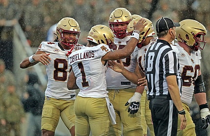 Oct 7, 2023; West Point, New York, USA; Boston College Eagles quarterback Thomas Castellanos (1) celebrates his touchdown against the Army Black Knights during the first half at Michie Stadium. Mandatory Credit: Danny Wild-USA TODAY Sports