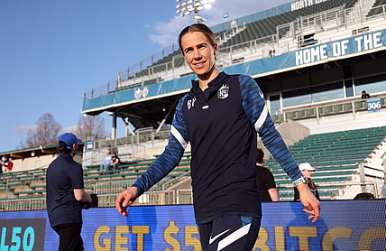 Mar 19, 2022; Cary, NC, USA; New Jersey/New York Gotham FC assistant coach Beverly Goebel Yanez takes the field for pregame warmups before playing North Carolina Courage in a NWSL Challenge Cup match at Sahlen's Stadium at WakeMed Soccer Park. Mandatory Credit: Andy Mead-USA TODAY Sports