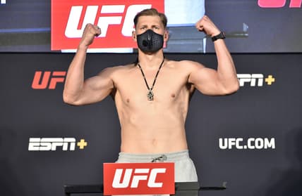 June 19, 2020; Las Vegas, NV, USA; Alexander Volkov of Russia poses on the scale during weigh-ins for UFC Fight Night at the UFC APEX.  Mandatory Credit:  Chris Unger/Zuffa LLC via USA TODAY Sports
