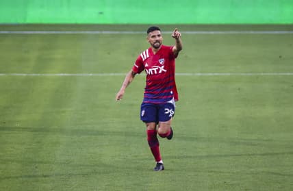 May 22, 2021; Frisco, Texas, USA;  FC Dallas forward Franco Jara (29) celebrates after scoring  a penalty kick goal during the first half at Toyota Stadium. Mandatory Credit: Kevin Jairaj-USA TODAY Sports