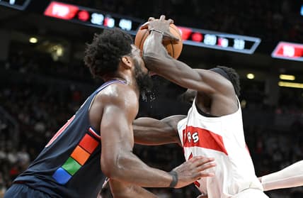Apr 28, 2022; Toronto, Ontario, CAN;  Toronto Raptors forward Pascal Siakam (43) elbows Philadelphia 76ers center Joel Embiid (21) in the face as he drives to the basket during the second half of game six of the first round for the 2022 NBA playoffs at Scotiabank Arena. Mandatory Credit: Dan Hamilton-USA TODAY Sports