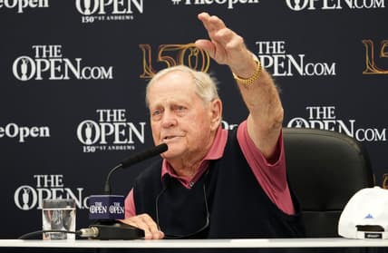 Jul 11, 2022; St. Andrews, SCT; Three-time Open champion Jack Nicklaus during a press conference at the 150th Open Championship golf tournament at St. Andrews Old Course. Jack Nicklaus will join Americans Bobby Jones in 1958 and Benjamin Franklin in 1759 to be awarded honorary citizenship in St. Andrews.Mandatory Credit: Rob Schumacher-USA TODAY Sports