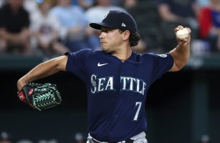 Aug 13, 2022; Arlington, Texas, USA;  Seattle Mariners starting pitcher Marco Gonzales (7) throws during the first inning against the Texas Rangers at Globe Life Field. Mandatory Credit: Kevin Jairaj-USA TODAY Sports