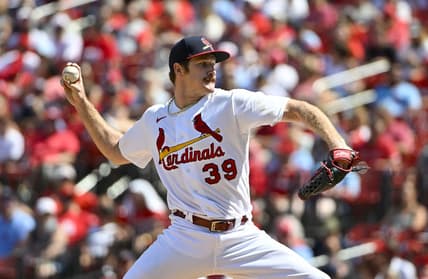 Aug 14, 2022; St. Louis, Missouri, USA;  St. Louis Cardinals starting pitcher Miles Mikolas (39) pitches against the Milwaukee Brewers during the eighth inning at Busch Stadium. Mandatory Credit: Jeff Curry-USA TODAY Sports