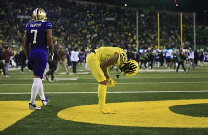 Oregon's Kris Hutson remains in the end zone after the team's loss against Washington Saturday, Nov. 12, 2022, at Autzen Stadium in Eugene, Ore.

2022-11-14--oregon loss