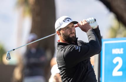 Jon Rahm hits his drive shot on hole two during the final round of The American Express on the Pete Dye Stadium Course at PGA West in La Quinta, Calif., Sunday, Jan. 22, 2023.