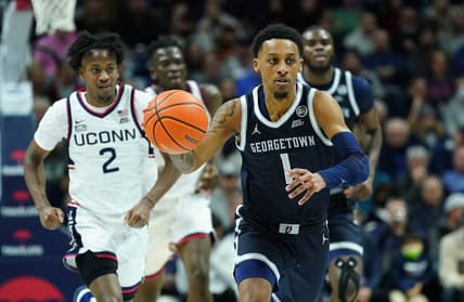 Dec 20, 2022; Storrs, Connecticut, USA; Georgetown Hoyas guard Primo Spears (1) returns the ball against the UConn Huskies in the second half at Harry A. Gampel Pavilion. Mandatory Credit: David Butler II-USA TODAY Sports