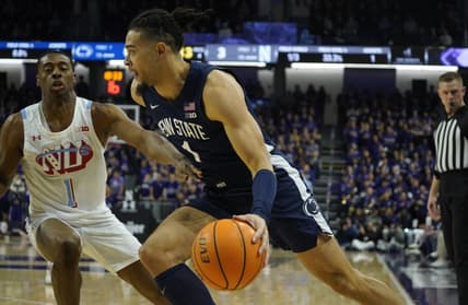 Mar 1, 2023; Evanston, Illinois, USA; Penn State Nittany Lions guard Seth Lundy (1) drives on Northwestern Wildcats guard Chase Audige (1) during the first half at Welsh-Ryan Arena. Mandatory Credit: David Banks-USA TODAY Sports