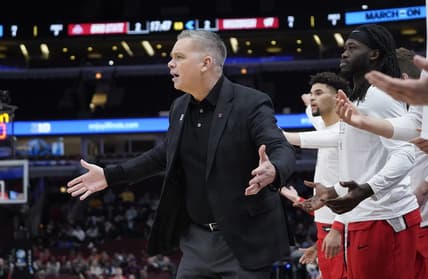 Mar 8, 2023; Chicago, IL, USA; Ohio State Buckeyes head coach Chris Holtmann gestures during the first half at United Center. Mandatory Credit: David Banks-USA TODAY Sports