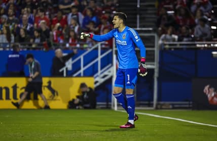 Mar 4, 2023; Frisco, Texas, USA;  Los Angeles Galaxy goalkeeper Jonathan Bond (1) reacts during the game against FC Dallas during the first half against FC Dallas at Toyota Stadium. Mandatory Credit: Kevin Jairaj-USA TODAY Sports