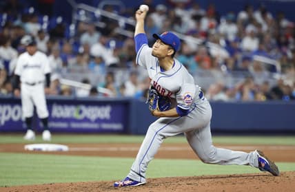 Apr 2, 2023; Miami, Florida, USA;  New York Mets starting pitcher Kodai Senga (34) pitches against the Miami Marlins in the fifth inning at loanDepot Park. Mandatory Credit: Rhona Wise-USA TODAY Sports