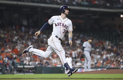 Apr 5, 2023; Houston, Texas, USA; Detroit Tigers starting pitcher Eduardo Rodriguez (57) reacts and Houston Astros right fielder Kyle Tucker (30) runs to first base on a home run during the fourth inning at Minute Maid Park. Mandatory Credit: Troy Taormina-USA TODAY Sports