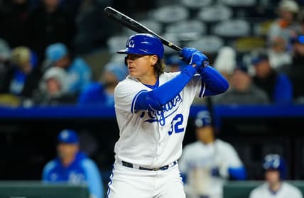 Apr 5, 2023; Kansas City, Missouri, USA; Kansas City Royals first baseman Nick Pratto (32) bats during the seventh inning against the Toronto Blue Jays at Kauffman Stadium. Mandatory Credit: Jay Biggerstaff-USA TODAY Sports