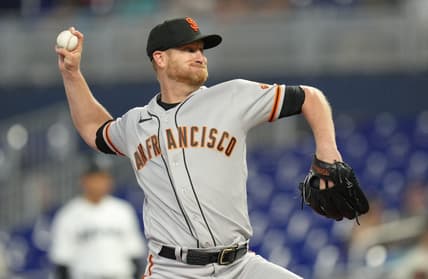Apr 19, 2023; Miami, Florida, USA;  San Francisco Giants starting pitcher Alex Cobb (38) pitches against the Miami Marlins in the first inning at loanDepot Park. Mandatory Credit: Jim Rassol-USA TODAY Sports