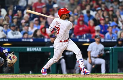 Apr 21, 2023; Philadelphia, Pennsylvania, USA; Philadelphia Phillies third baseman Edmundo Sosa (33) hits an RBI single against the Colorado Rockies in the eighth inning at Citizens Bank Park. Mandatory Credit: Kyle Ross-USA TODAY Sports