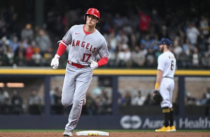 Apr 30, 2023; Milwaukee, Wisconsin, USA; Los Angeles Angels designated hitter Shohei Ohtani (17) rounds the bases after hitting a home run against the Milwaukee Brewers in the third inning at American Family Field. Mandatory Credit: Michael McLoone-USA TODAY Sports