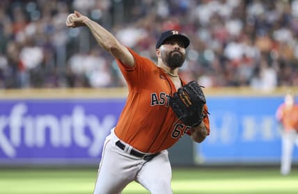 Apr 30, 2023; Houston, Texas, USA; Houston Astros starting pitcher Jose Urquidy (65) delivers a pitch during the second inning against the Philadelphia Phillies at Minute Maid Park. Mandatory Credit: Troy Taormina-USA TODAY Sports