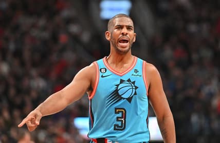 Dec 30, 2022; Toronto, Ontario, CAN; Phoenix Suns guard Chris Paul (3) reacts to an official s call against the Toronto Raptors in the first half at Scotiabank Arena. Mandatory Credit: Dan Hamilton-USA TODAY Sports