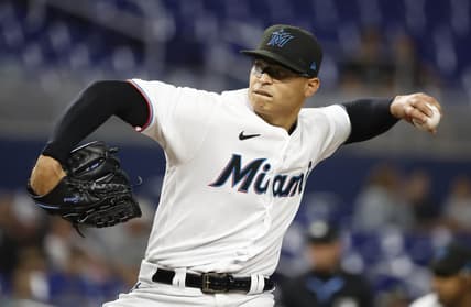 Jun 6, 2023; Miami, Florida, USA; Miami Marlins starting pitcher Jesus Luzardo (44) pitches against the Kansas City Royals during the first inning at loanDepot Park. Mandatory Credit: Rhona Wise-USA TODAY Sports