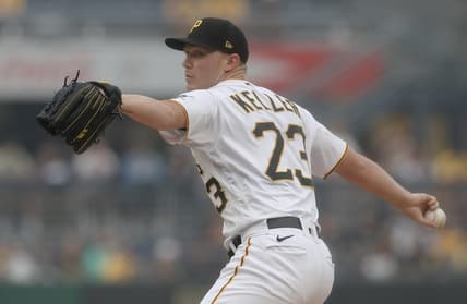 Jun 28, 2023; Pittsburgh, Pennsylvania, USA;  Pittsburgh Pirates starting pitcher Mitch Keller (23) delivers a pitch against the San Diego Padres during the first inning at PNC Park. Mandatory Credit: Charles LeClaire-USA TODAY Sports