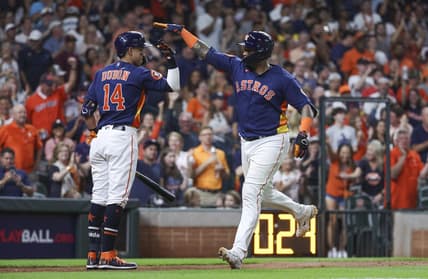 Jul 8, 2023; Houston, Texas, USA; Houston Astros catcher Martin Maldonado (15) celebrates with second baseman Mauricio Dubon (14) after hitting a home run during the eighth inning against the Seattle Mariners at Minute Maid Park. Mandatory Credit: Troy Taormina-USA TODAY Sports