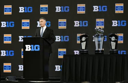Jul 26, 2023; Indianapolis, IN, USA;  Big Ten commissioner Tony Petitti speaks to the media during Big 10 football media days at Lucas Oil Stadium. Mandatory Credit: Robert Goddin-USA TODAY Sports