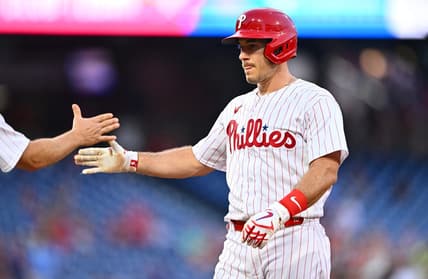 Aug 11, 2023; Philadelphia, Pennsylvania, USA; Philadelphia Phillies catcher J.T. Realmuto (10) reacts after hitting a RBI single against the Minnesota Twins in the second inning at Citizens Bank Park. Mandatory Credit: Kyle Ross-USA TODAY Sports