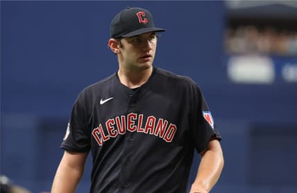 Aug 12, 2023; St. Petersburg, Florida, USA;  Cleveland Guardians starting pitcher Gavin Williams (63) looks on after the first inning against the Tampa Bay Rays at Tropicana Field. Mandatory Credit: Kim Klement Neitzel-USA TODAY Sports