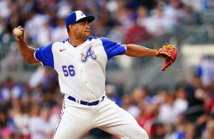Aug 19, 2023; Cumberland, Georgia, USA; Atlanta Braves relief pitcher Yonny Chirinos (56) cycles through a pitch against the San Francisco Giants during the first inning at Truist Park. Mandatory Credit: John David Mercer-USA TODAY Sports