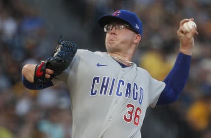 Aug 26, 2023; Pittsburgh, Pennsylvania, USA;  Chicago Cubs starting pitcher Jordan Wicks (36) delivers a pitch in his major league debut against the Pittsburgh Pirates during the first inning at PNC Park. Mandatory Credit: Charles LeClaire-USA TODAY Sports