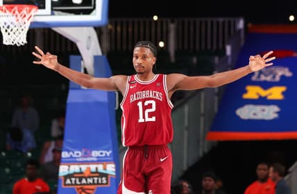 Nov 24, 2023; Paradise Island, BAHAMAS;  Arkansas Razorbacks guard Tramon Mark (12) reacts after scoring during the second half against the North Carolina Tar Heels at Imperial Arena. Mandatory Credit: Kevin Jairaj-USA TODAY Sports