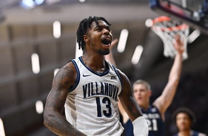 Jan 3, 2024; Villanova, Pennsylvania, USA; Villanova Wildcats guard Hakim Hart (13) reacts against the Xavier Musketeers in the first half at William B. Finneran Pavilion. Mandatory Credit: Kyle Ross-USA TODAY Sports