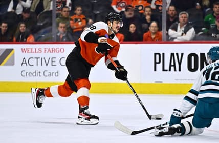 Mar 12, 2024; Philadelphia, Pennsylvania, USA; Philadelphia Flyers center Morgan Frost (48) shoots against the San Jose Sharks in the third period at Wells Fargo Center. Mandatory Credit: Kyle Ross-USA TODAY Sports