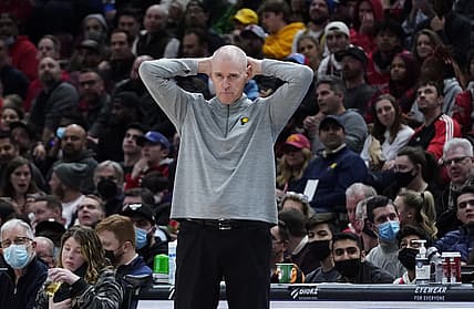 Nov 22, 2021; Chicago, Illinois, USA; Indiana Pacers head coach Rick Carlisle gestures during the second half at United Center. Mandatory Credit: David Banks-USA TODAY Sports