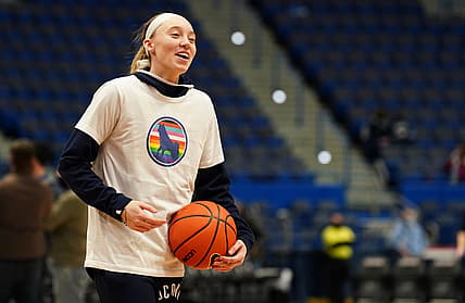Jan 15, 2022; Hartford, Connecticut, USA; UConn Huskies guard Paige Bueckers (5) on the court before the start of the game against the Xavier Musketeers at XL Center. Mandatory Credit: David Butler II-USA TODAY Sports