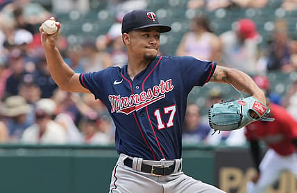 Jun 30, 2022; Cleveland, Ohio, USA; Minnesota Twins starting pitcher Chris Archer (17) throws a pitch during the first inning against the Cleveland Guardians at Progressive Field. Mandatory Credit: Ken Blaze-USA TODAY Sports