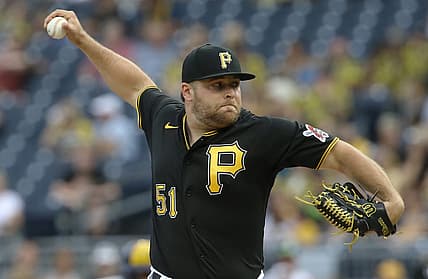 Jul 2, 2022; Pittsburgh, Pennsylvania, USA; Pittsburgh Pirates relief pitcher David Bednar (51) pitches against the Milwaukee Brewers during the ninth inning at PNC Park. The Pirates won 7-4. Mandatory Credit: Charles LeClaire-USA TODAY Sports