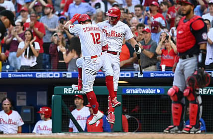 Jul 5, 2022; Philadelphia, Pennsylvania, USA; Philadelphia Phillies outfielder Kyle Schwarber (12) celebrates with first baseman Rhys Hoskins (17) after hitting a home run against the Washington Nationals in the third inning at Citizens Bank Park. Mandatory Credit: Kyle Ross-USA TODAY Sports
