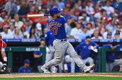 Jul 22, 2022; Philadelphia, Pennsylvania, USA; Chicago Cubs catcher Wilson Conteras (40) hits a home run against the Philadelphia Phillies in the fourth inning at Citizens Bank Park. Mandatory Credit: Kyle Ross-USA TODAY Sports