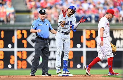 Jul 23, 2022; Philadelphia, Pennsylvania, USA; Chicago Cubs second baseman Christopher Morel (5) reacts after hitting a double against the Philadelphia Phillies in the sixth inning at Citizens Bank Park. Mandatory Credit: Kyle Ross-USA TODAY Sports