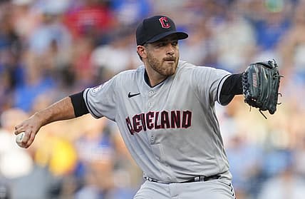 Jul 8, 2022; Kansas City, Missouri, USA; Cleveland Guardians starting pitcher Aaron Civale (43) throws against the Kansas City Royals during the first inning at Kauffman Stadium. Mandatory Credit: Jay Biggerstaff-USA TODAY Sports