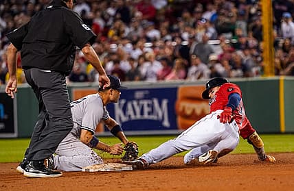 Aug 12, 2022; Boston, Massachusetts, USA; Boston Red Sox left fielder Alex Verdugo (99) hits a double to right centerfield against the New York Yankees in the fourth inning at Fenway Park. Mandatory Credit: David Butler II-USA TODAY Sports