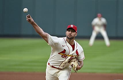 Aug 13, 2022; St. Louis, Missouri, USA;  St. Louis Cardinals starting pitcher Adam Wainwright (50) pitches against the Milwaukee Brewers during the fourth inning at Busch Stadium. Mandatory Credit: Jeff Curry-USA TODAY Sports