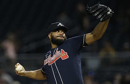 Aug 22, 2022; Pittsburgh, Pennsylvania, USA; Atlanta Braves relief pitcher Kenley Jansen (74) pitches against the Pittsburgh Pirates during the ninth inning at PNC Park. The Braves won 2-1. Mandatory Credit: Charles LeClaire-USA TODAY Sports
