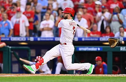 Aug 26, 2022; Philadelphia, Pennsylvania, USA; Philadelphia Phillies outfielder Bryce Harper (3) hits an RBI single against the Pittsburgh Pirates in the first inning at Citizens Bank Park. Mandatory Credit: Kyle Ross-USA TODAY Sports