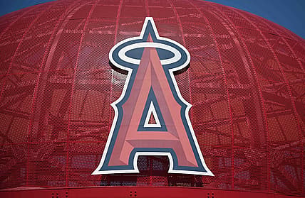 Apr 15, 2020; Anaheim, California, USA; General overall view of the Los Angeles Angels logo at Angel Stadium of Anaheim amid the global coronavirus COVID-19 pandemic. Mandatory Credit: Kirby Lee-USA TODAY NETWORK