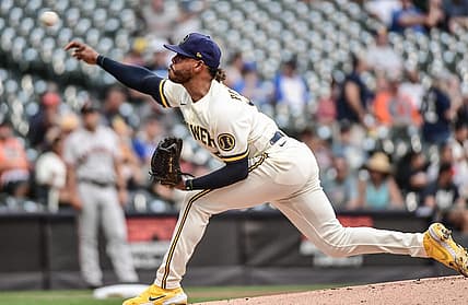 Sep 8, 2022; Milwaukee, Wisconsin, USA; Milwaukee Brewers starting pitcher Freddy Peralta (51) throws a pitch in the first inning against the San Francisco Giants at American Family Field. Mandatory Credit: Benny Sieu-USA TODAY Sports