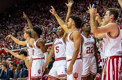Indiana's Malik Reneau (5) and the Indiana bench celebrate a three-pointer during the second half of the Indiana versus Bethune-Cookman men's basketball game at Simon Skjodt Assembly Hall on Thursday, Nov. 10, 2022.

Iu Bc 2h Reneau And Bench