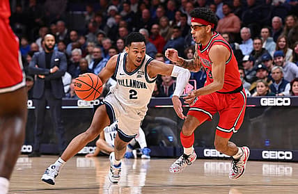 Dec 21, 2022; Villanova, Pennsylvania, USA; Villanova Wildcats guard Mark Armstrong (2) drives against Saint John's Red Storm guard Andre Curbelo (3) in the first half at William B. Finneran Pavilion. Mandatory Credit: Kyle Ross-USA TODAY Sports